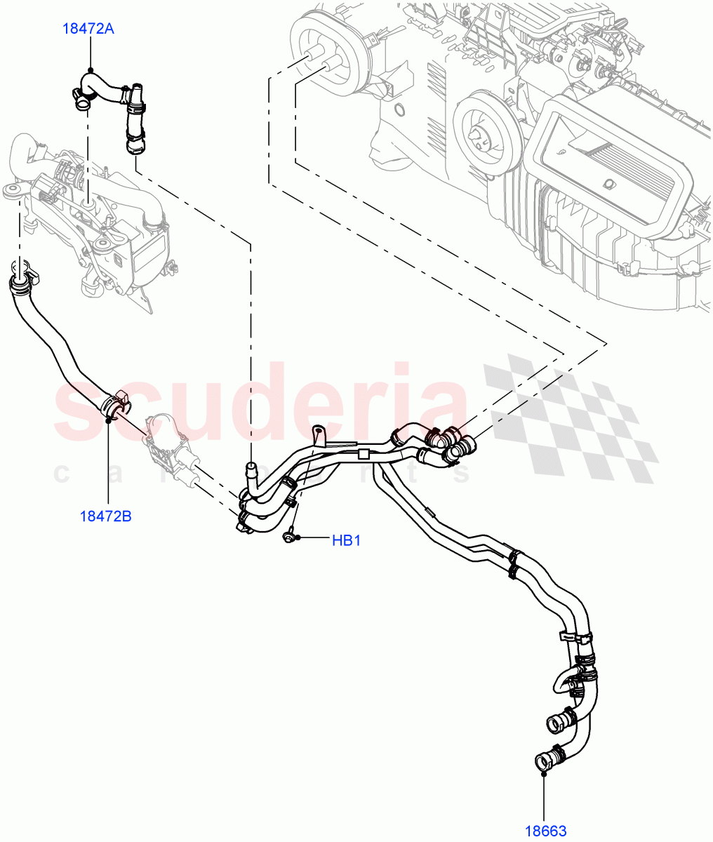 Heater Hoses (Solihull Plant Build) (2.0L I4 DSL HIGH DOHC AJ200, With Fuel Fired Heater, Premium Air Conditioning-Front/Rear, Park Heating With Remote Control, 2.0L I4 DSL MID DOHC AJ200, With Front Comfort Air Con (IHKA), With Manual Air Conditioning) ((V) FROMHA000001, (V) TOHA999999) of Land Rover Land Rover Discovery 5 (2017+) [3.0 I6 Turbo Diesel AJ20D6]
