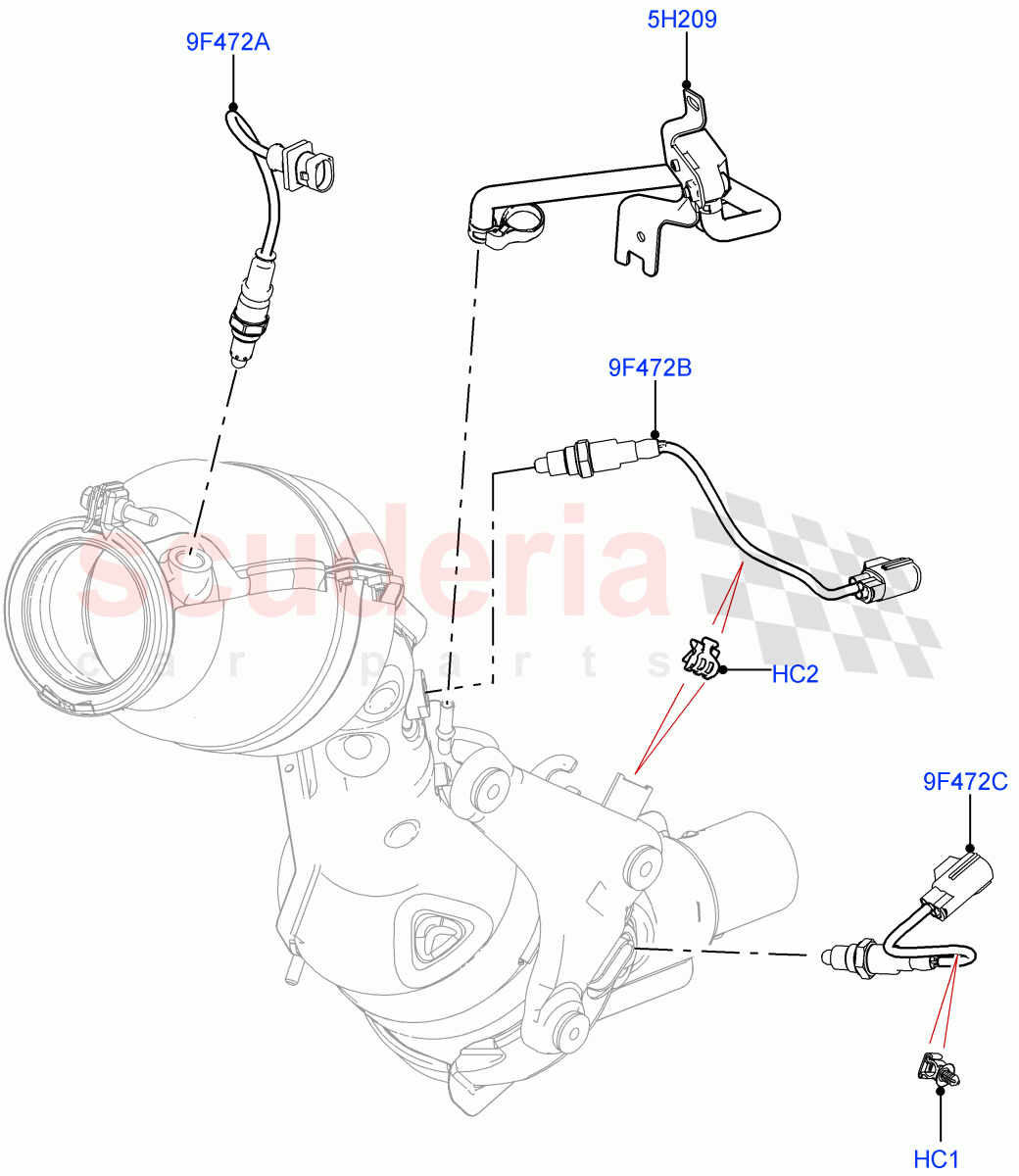 Exhaust Sensors And Modules (Solihull Plant Build) (2.0L I4 High DOHC AJ200 Petrol, Beijing 6 Petrol Emission, EU6C Emission, 2.0L AJ200P Hi PHEV, EU6D - Final (Petrol) Emission, China N6B (Petrol) - Compliance) ((V) FROMJA000001) of Land Rover Land Rover Discovery 5 (2017+) [2.0 Turbo Petrol AJ200P]