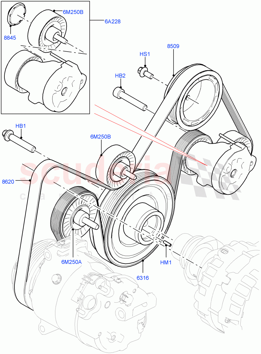 Pulleys And Drive Belts (2.0L AJ20D4 Diesel LF PTA, Halewood (UK), Less Electric Engine Battery, 2.0L AJ20D4 Diesel High PTA, 2.0L AJ20D4 Diesel Mid PTA) of Land Rover Land Rover Range Rover Evoque (2019+) [2.0 Turbo Diesel]