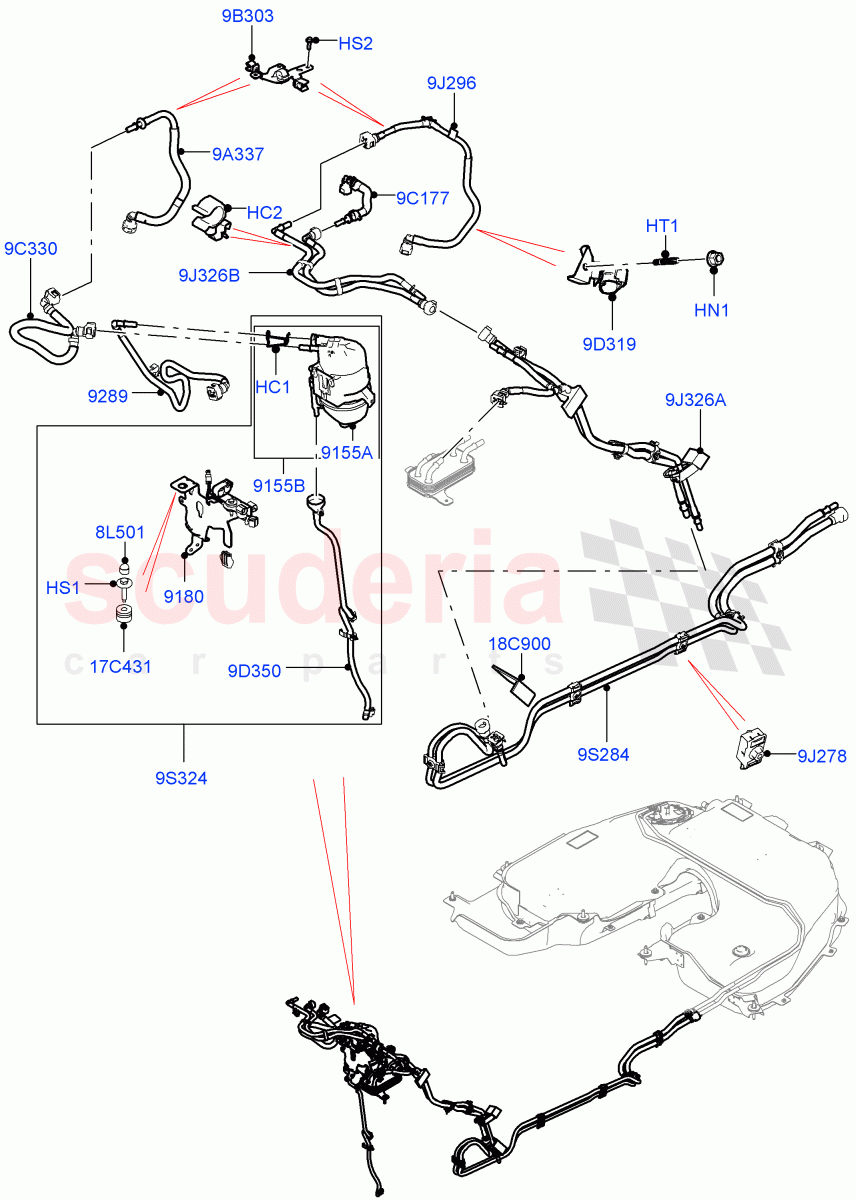 Fuel Lines(Nitra Plant Build, Front)(2.0L I4 DSL MID DOHC AJ200,2.0L I4 DSL HIGH DOHC AJ200)((V)FROMK2000001) of Land Rover Land Rover Discovery 5 (2017+) [2.0 Turbo Diesel]