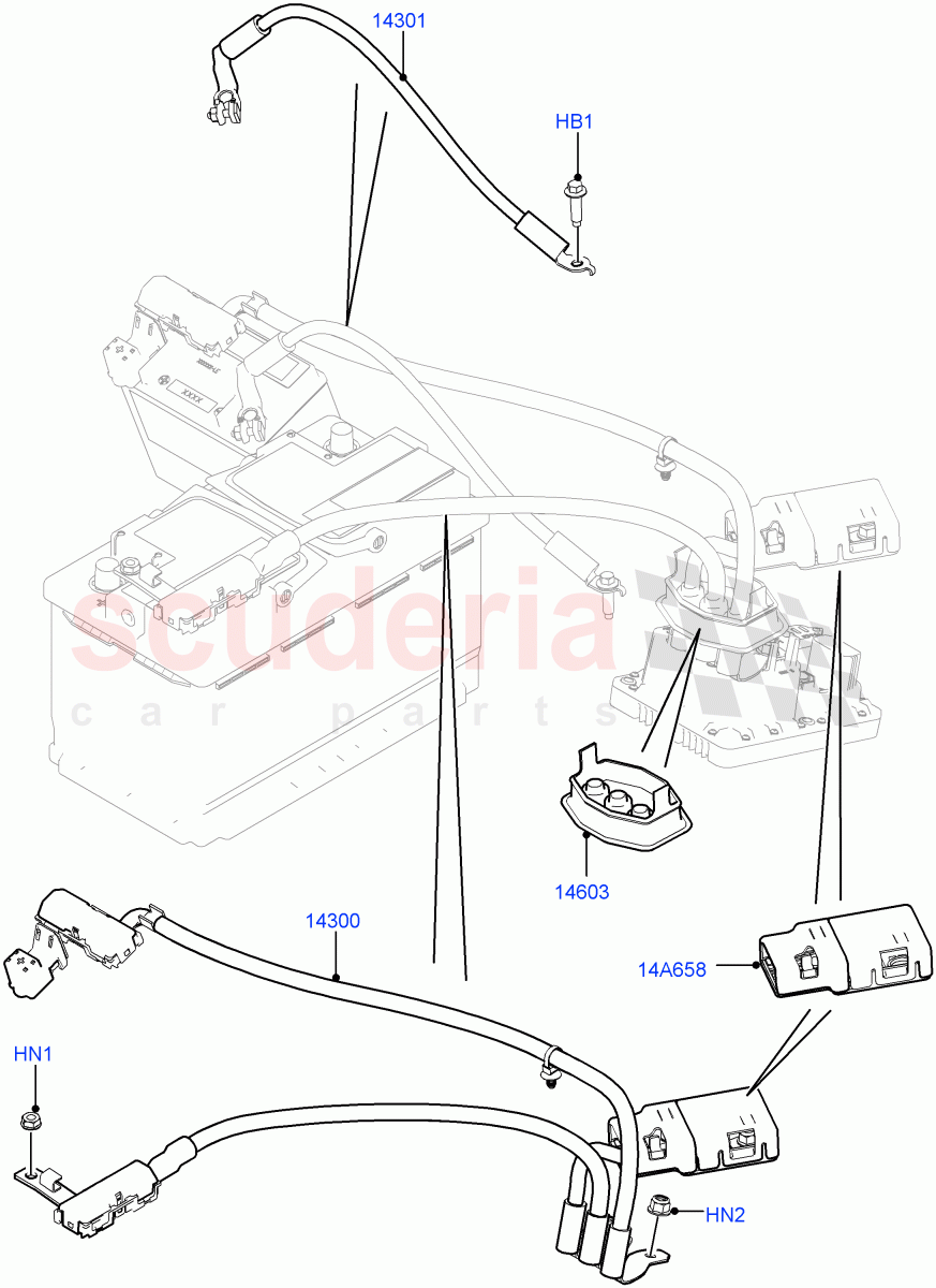 Battery Cables And Horn(9 Speed Auto AWD,RHD,Halewood (UK),Starter - Stop/Start System)((V)FROMEH000001) of Land Rover Land Rover Range Rover Evoque (2012-2018) [2.0 Turbo Petrol GTDI]