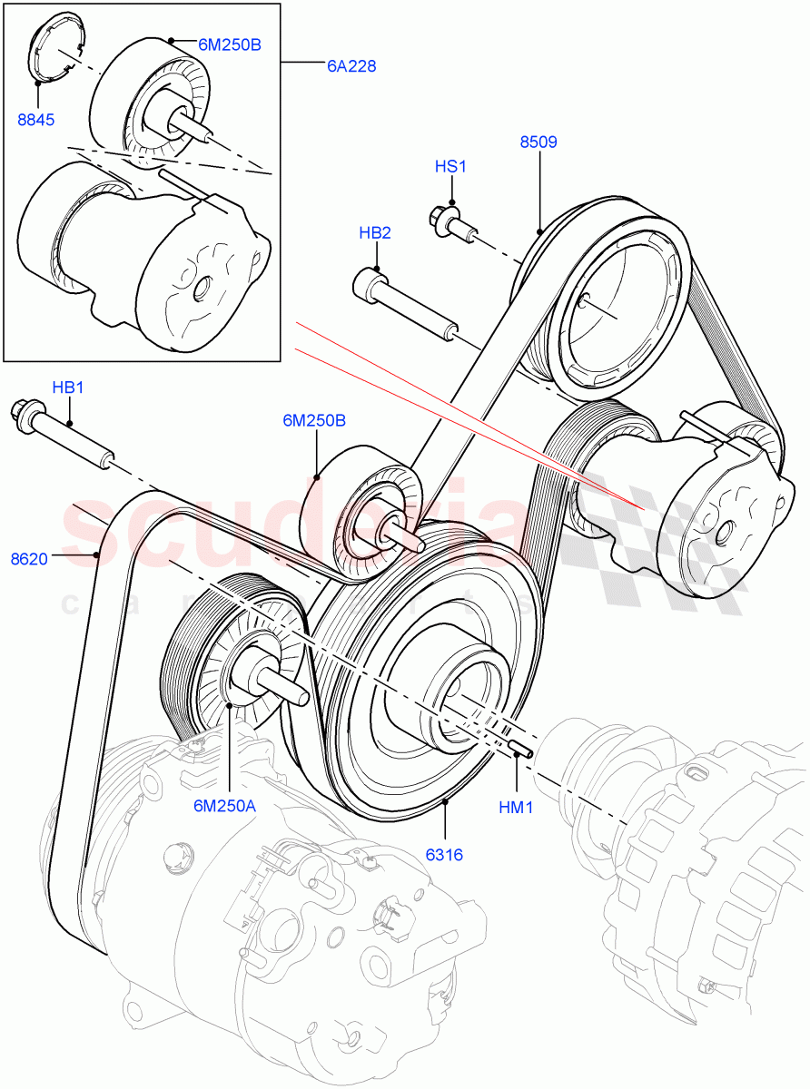 Pulleys And Drive Belts (2.0L AJ20P4 Petrol Mid PTA, Changsu (China), Less Electric Engine Battery) of Land Rover Land Rover Range Rover Evoque (2019+) [2.0 Turbo Petrol AJ200P]