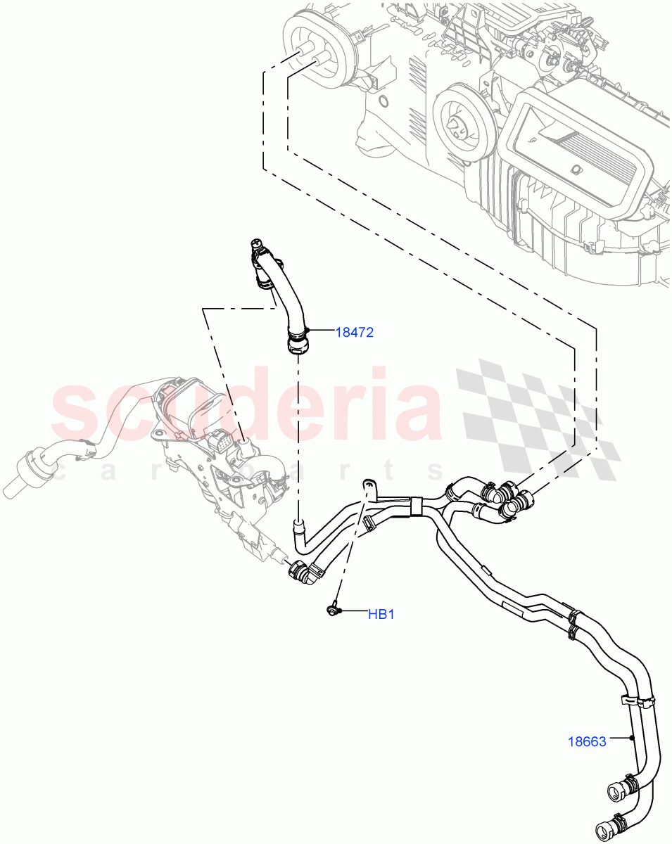 Heater Hoses (Solihull Plant Build) (2.0L I4 DSL HIGH DOHC AJ200, With Fuel Fired Heater, With Air Conditioning - Front/Rear, 2.0L I4 DSL MID DOHC AJ200, With Front Comfort Air Con (IHKA), With Manual Air Conditioning) ((V) FROMKA000001) of Land Rover Land Rover Discovery 5 (2017+) [3.0 Diesel 24V DOHC TC]