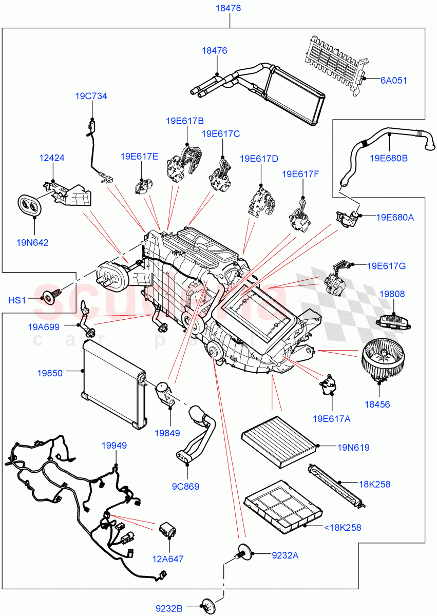 Heater/Air Cond.Internal Components (Heater Main Unit) (Premium Air Conditioning-Front/Rear) ((V) TOLA999999) of Land Rover Land Rover Range Rover Velar (2017+) [3.0 I6 Turbo Diesel AJ20D6]
