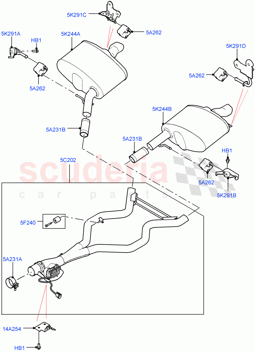 Rear Exhaust System(3.0 V6 D Gen2 Mono Turbo,Japanese Emission + DPF,EU6 + DPF Emissions,Proconve L6 Emissions,Stage V Plus DPF,LEV 160,3.0 V6 D Gen2 Twin Turbo,EU6D Diesel + DPF Emissions)((V)FROMJA000001) of Land Rover Land Rover Range Rover Sport (2014+) [3.0 Diesel 24V DOHC TC]