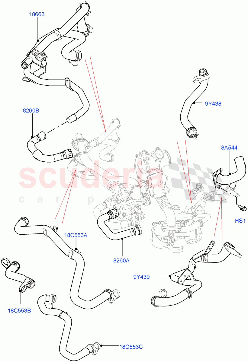 EGR Cooling System (2.0L I4 DSL MID DOHC AJ200, EU6 + DPF Emissions, Stage V Plus DPF, Proconve L6 Emissions, Japanese Emission + DPF, DPF + DE-SOX) ((V) FROMGH000001) of Land Rover Land Rover Discovery Sport (2015+) [2.0 Turbo Diesel]