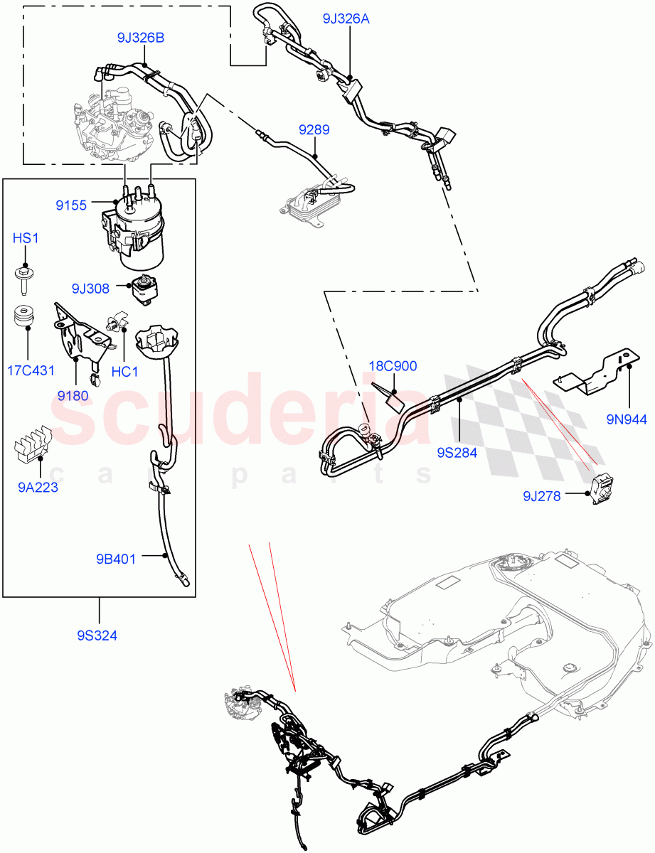 Fuel Lines (Solihull Plant Build, Front) (3.0 V6 D Gen2 Mono Turbo, 3.0 V6 D Gen2 Twin Turbo, 3.0 V6 D Low MT ROW) ((V) FROMHA000001) of Land Rover Land Rover Discovery 5 (2017+) [3.0 Diesel 24V DOHC TC]