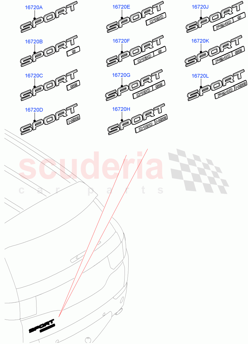 Name Plates(Halewood (UK),Less Engine Power Badge,Badge-Engine Power Diesel 180 PS,Badge-Engine Power Diesel 240 PS)((V)FROMLH000001) of Land Rover Land Rover Discovery Sport (2015+) [2.0 Turbo Diesel AJ21D4]