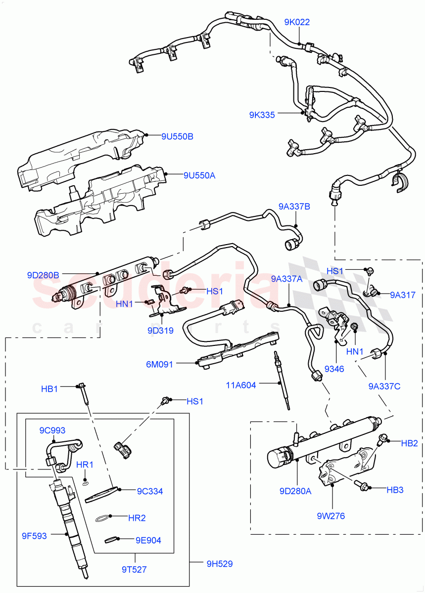 Fuel Injectors And Pipes (Solihull Plant Build) (3.0 V6 Diesel) ((V) FROMAA000001) of Land Rover Land Rover Discovery 5 (2017+) [3.0 Diesel 24V DOHC TC]