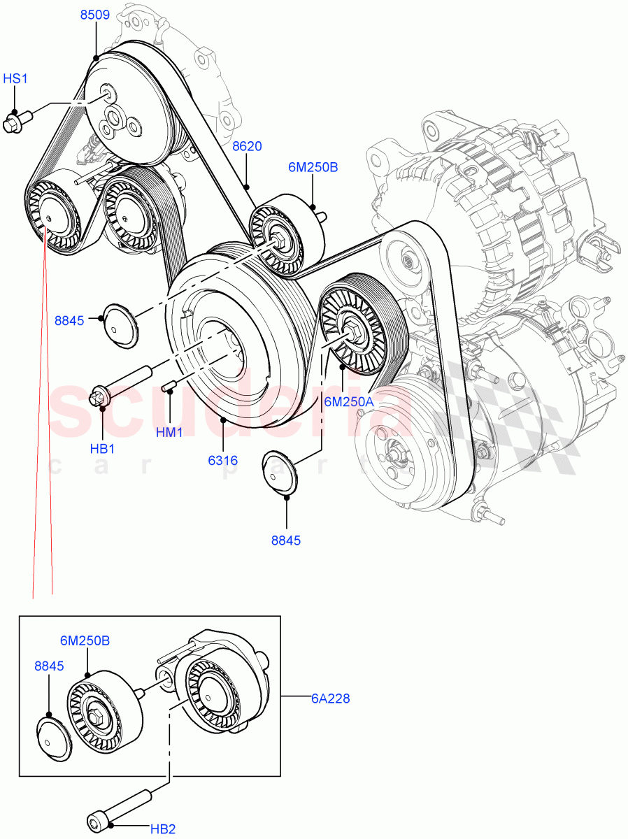 Pulleys And Drive Belts(Solihull Plant Build)(2.0L I4 DSL HIGH DOHC AJ200,2.0L I4 DSL MID DOHC AJ200)((V)FROMHA000001) of Land Rover Land Rover Range Rover Velar (2017+) [2.0 Turbo Diesel]