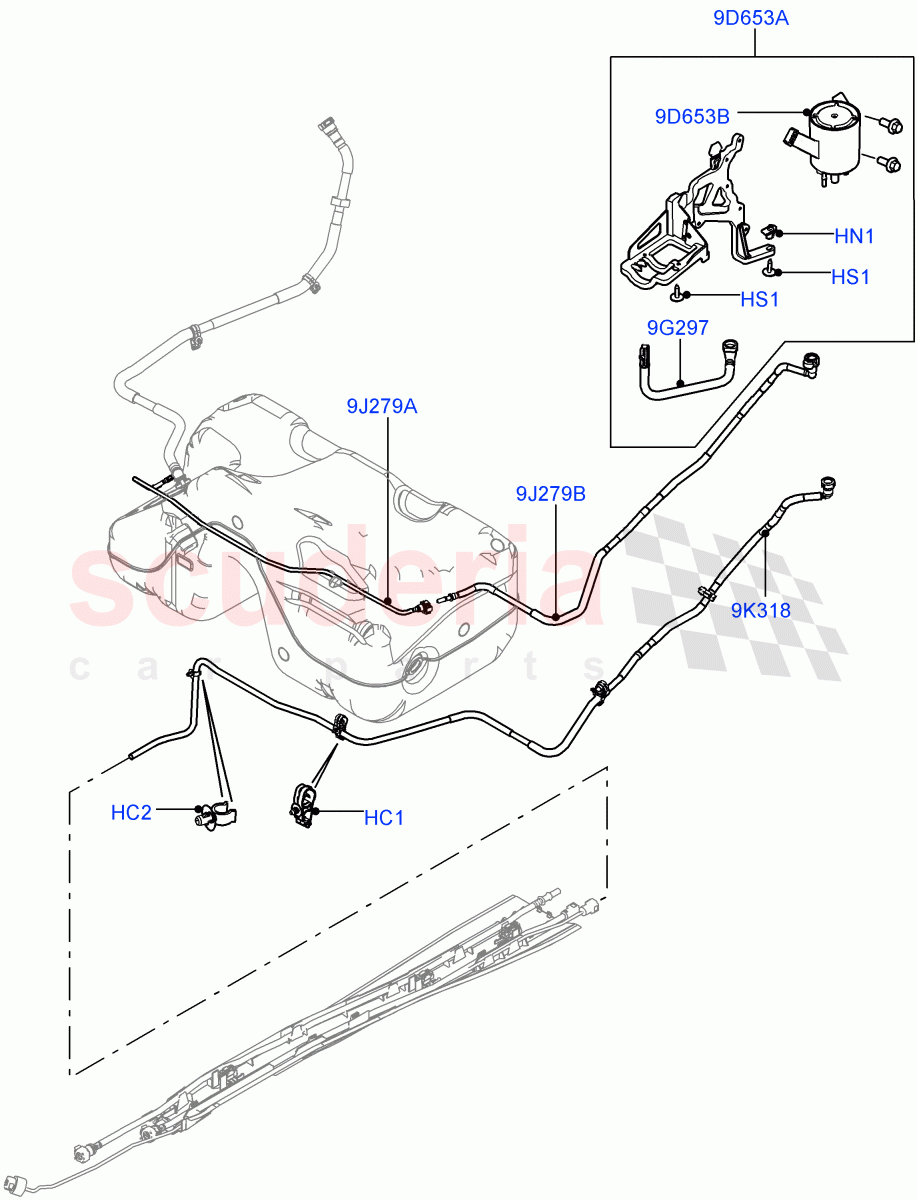 Fuel Lines (Rear) (3 Door, 2.0L I4 Mid DOHC AJ200 Petrol, (-) "CDN/MEX/USA", Fuel Tank Filler Neck - Unleaded, 2.0L I4 High DOHC AJ200 Petrol, 5 Door) ((V) FROMJH000001) of Land Rover Land Rover Range Rover Evoque (2012-2018) [2.0 Turbo Petrol AJ200P]