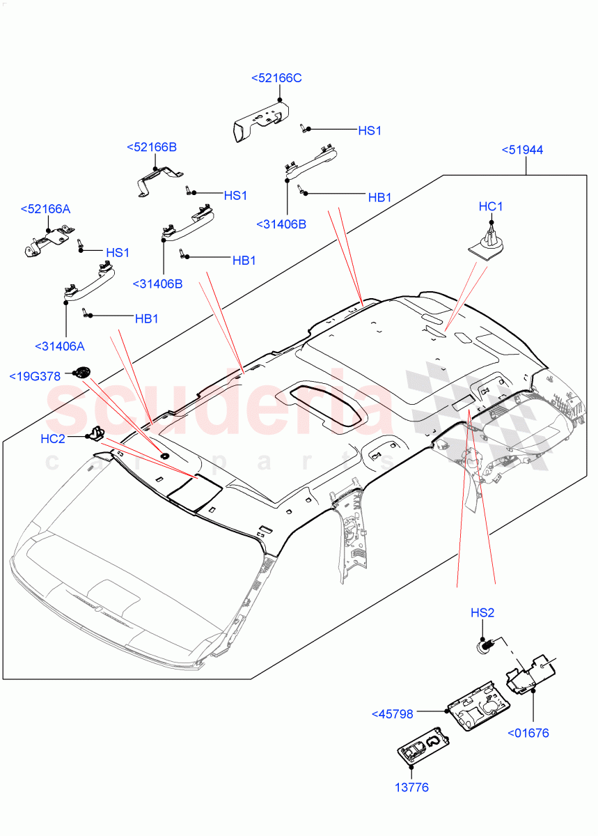 Headlining And Sun Visors(Nitra Plant Build)(Less Panorama Roof,With 3rd Row Double Seat,With 5 Seat Configuration,With Third Row Power Folding Seat,Less 3rd Row Rear Seat,With 7 Seat Configuration)((V)FROMK2000001) of Land Rover Land Rover Discovery 5 (2017+) [3.0 I6 Turbo Diesel AJ20D6]