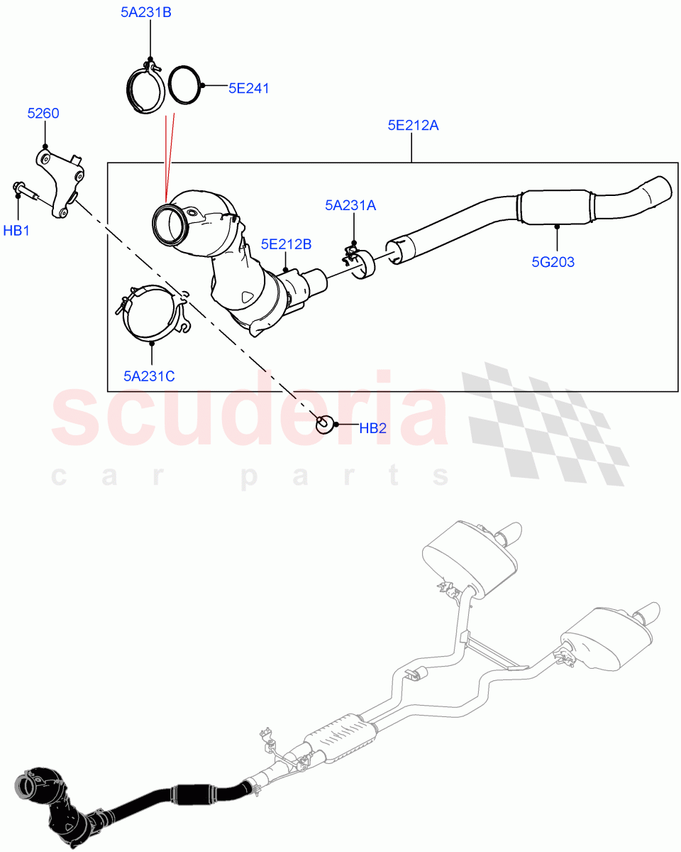 Front Exhaust System (Solihull Plant Build) (2.0L AJ200P Hi PHEV, Beijing 6 Petrol Emission, 2.0L I4 High DOHC AJ200 Petrol, EU6C Emission, EU6D - Final (Petrol) Emission) ((V) FROMJA000001) of Land Rover Land Rover Range Rover Sport (2014+) [2.0 Turbo Petrol AJ200P]