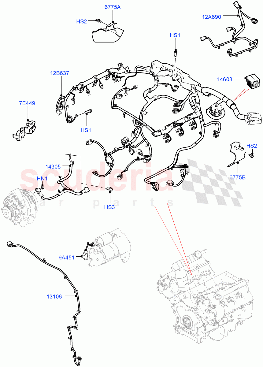 Engine Harness (Nitra Plant Build) (3.0L DOHC GDI SC V6 PETROL) ((V) FROMK2000001) of Land Rover Land Rover Discovery 5 (2017+) [3.0 I6 Turbo Petrol AJ20P6]