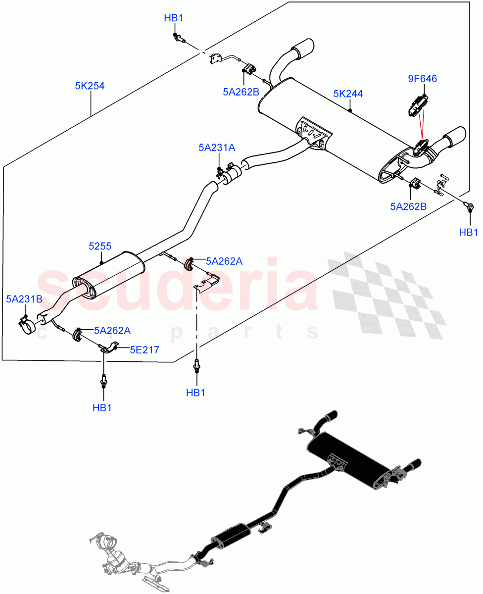 Rear Exhaust System(2.0L I4 Mid DOHC AJ200 Petrol,With 5 Seat Configuration,Dual Exhaust,2.0L I4 Mid AJ200 Petrol E100)((V)FROMJH000001) of Land Rover Land Rover Discovery Sport (2015+) [2.0 Turbo Petrol AJ200P]