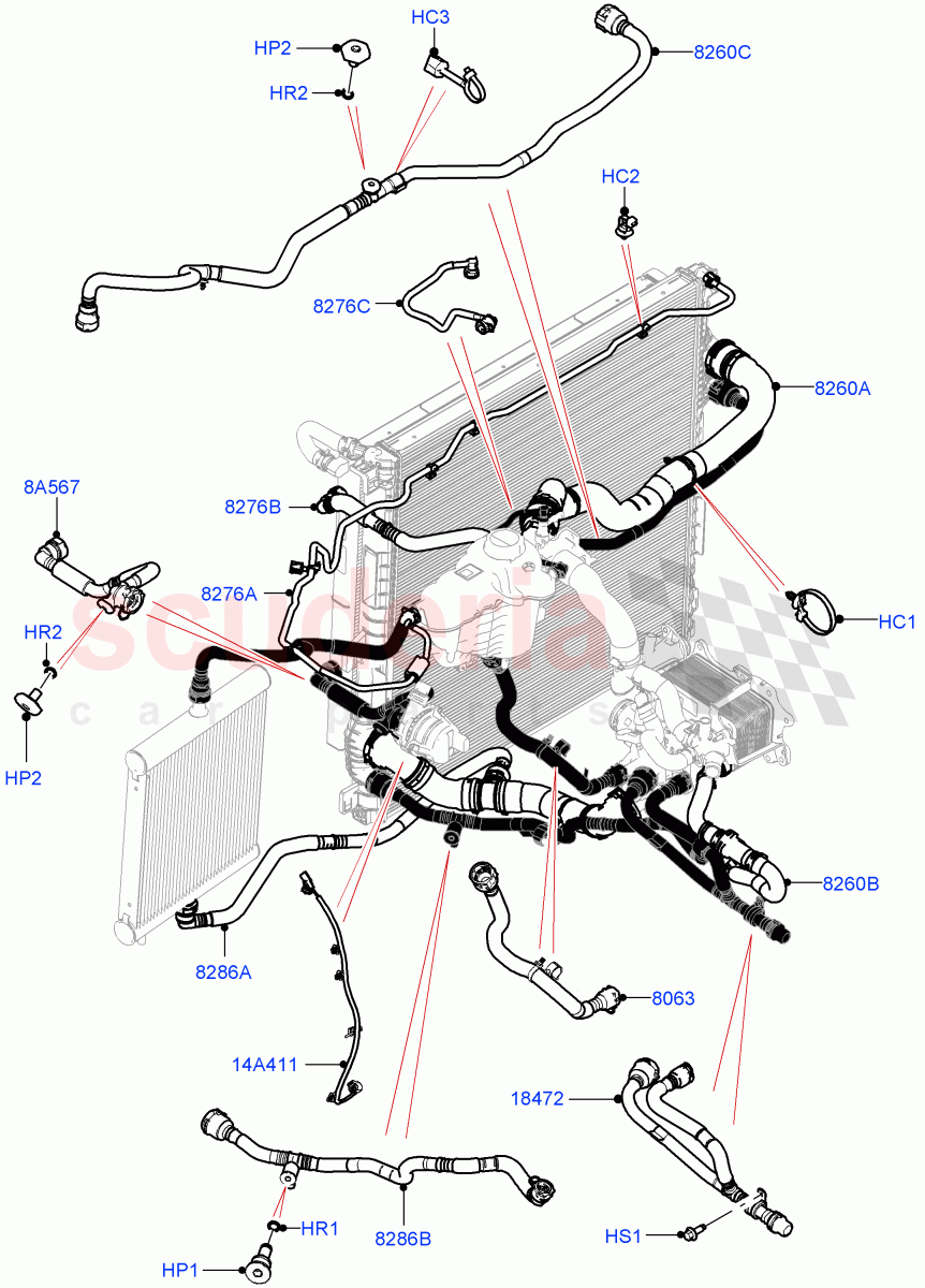 Cooling System Pipes And Hoses (3.0L AJ20D6 Diesel High, With Standard Engine Cooling System) of Land Rover Land Rover Range Rover (2022+) [3.0 I6 Turbo Diesel AJ20D6]