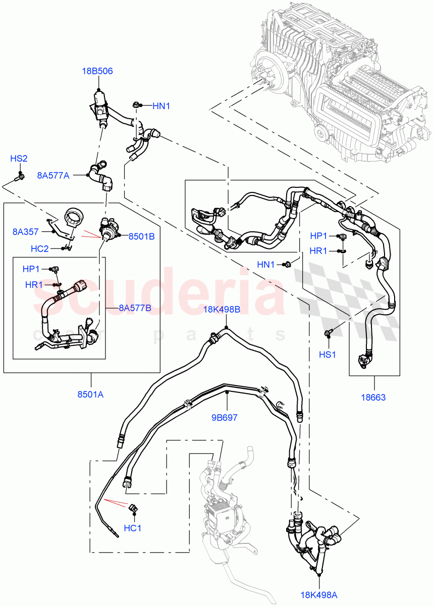 Heater Hoses (3.0L AJ20P6 Petrol High, Fuel Heater W/Pk Heat With Remote, Premium Air Conditioning-Front/Rear, Fuel Fired Heater With Park Heat) of Land Rover Land Rover Range Rover (2022+) [3.0 I6 Turbo Diesel AJ20D6]