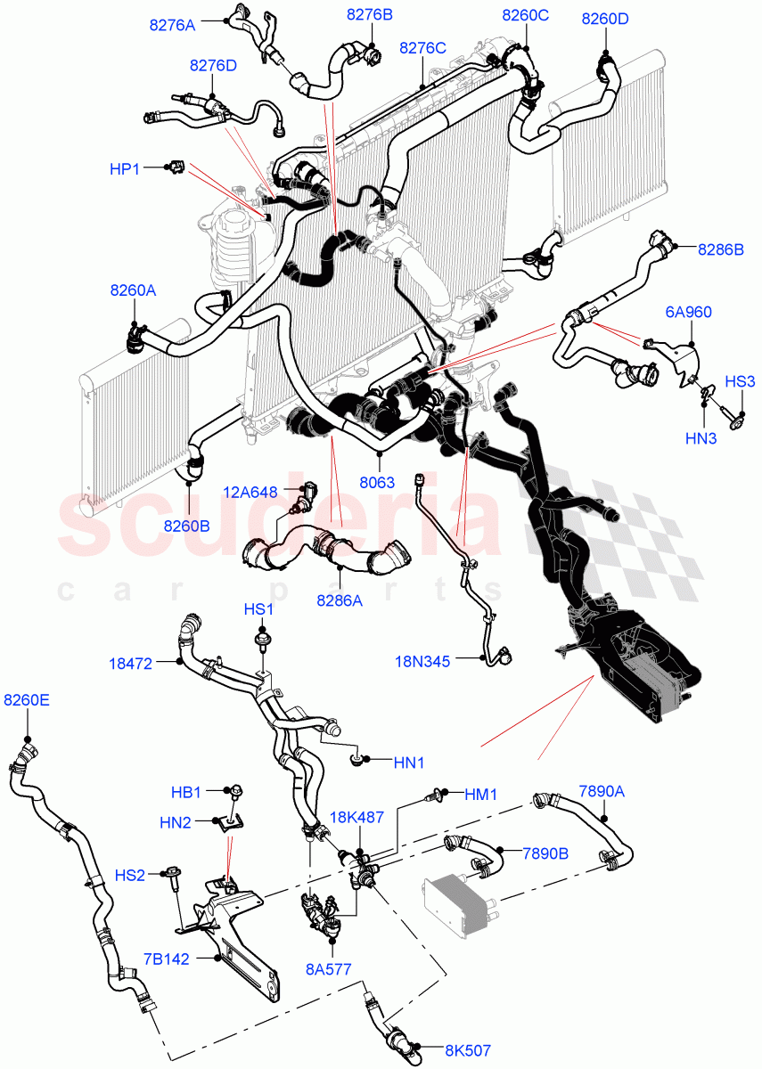 Cooling System Pipes And Hoses (3.0L AJ20D6 Diesel High, With Extra Engine Cooling System) ((V) FROMM2000001) of Land Rover Land Rover Defender (2020+) [3.0 I6 Turbo Diesel AJ20D6]