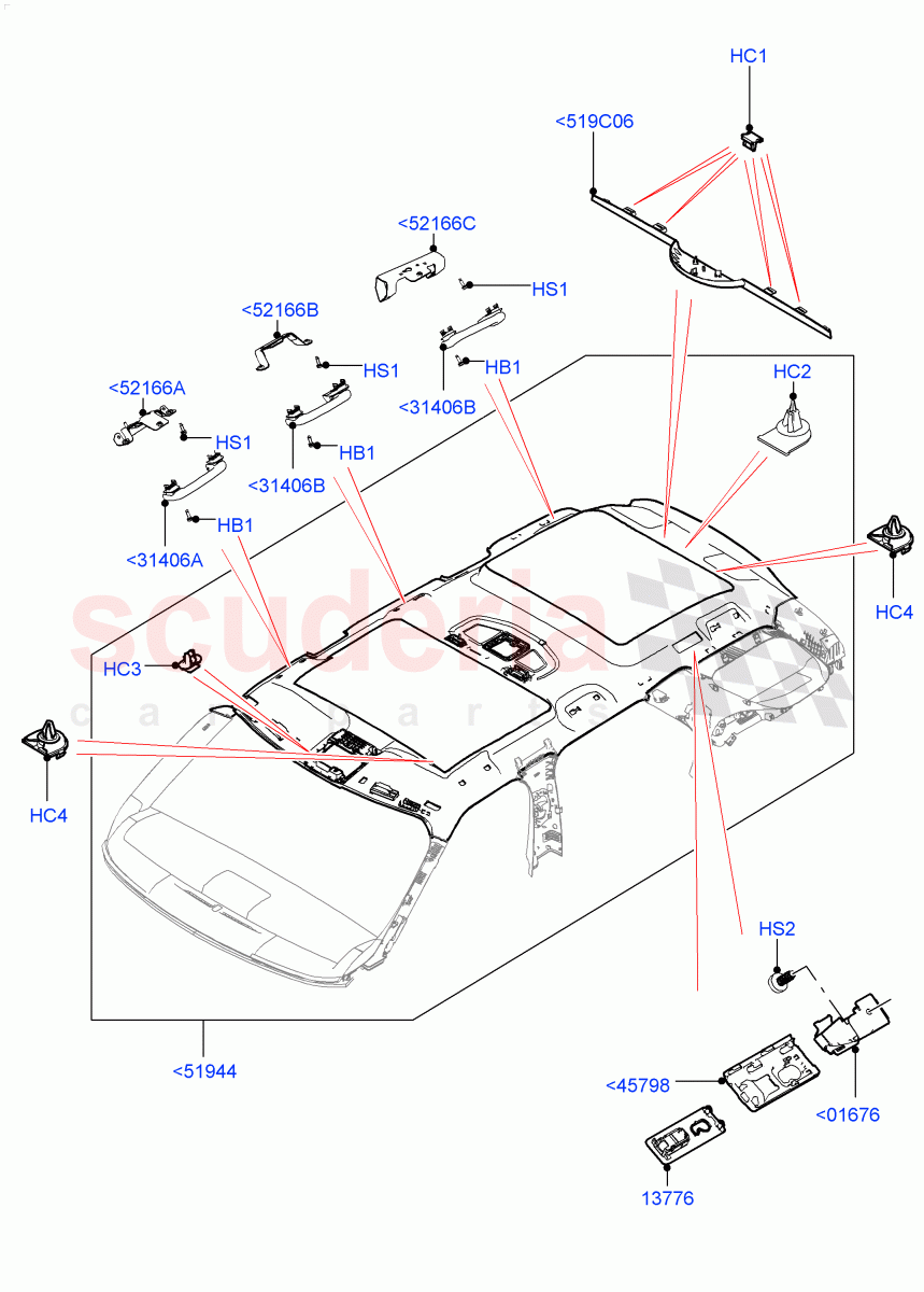 Headlining And Sun Visors(Solihull Plant Build)(Roof Conv-Front And Rear Panoramic,Version - Core,Roof Conv-Power Open Front/Rear Pan)((V)FROMHA000001) of Land Rover Land Rover Discovery 5 (2017+) [3.0 I6 Turbo Diesel AJ20D6]