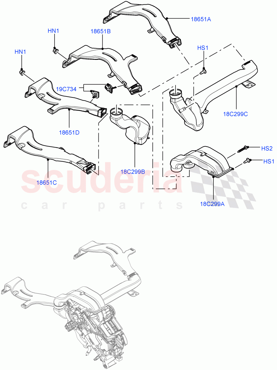 Air Vents, Louvres And Ducts(Internal Components, Under Rear Seat)(Premium Air Con Hybrid Front/Rear,With Air Conditioning - Front/Rear)((V)FROMJA000001,(V)TOJA999999) of Land Rover Land Rover Range Rover (2012-2021) [2.0 Turbo Petrol AJ200P]