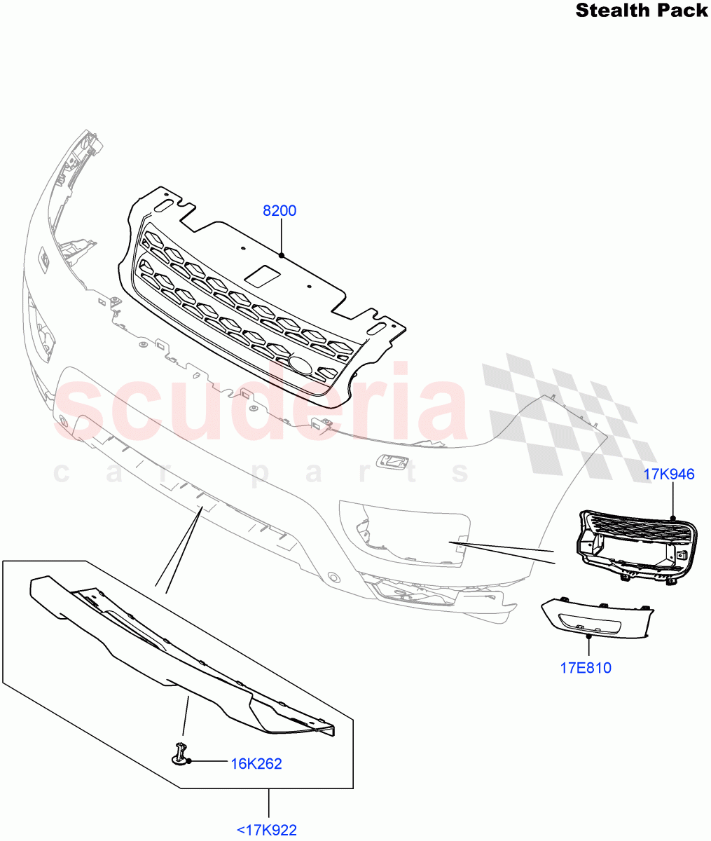 Radiator Grille And Front Bumper(Tow Eye Cover - Satin Black,Stealth Pack)((V)FROMFA000001,(V)TOHA999999) of Land Rover Land Rover Range Rover Sport (2014+) [5.0 OHC SGDI SC V8 Petrol]