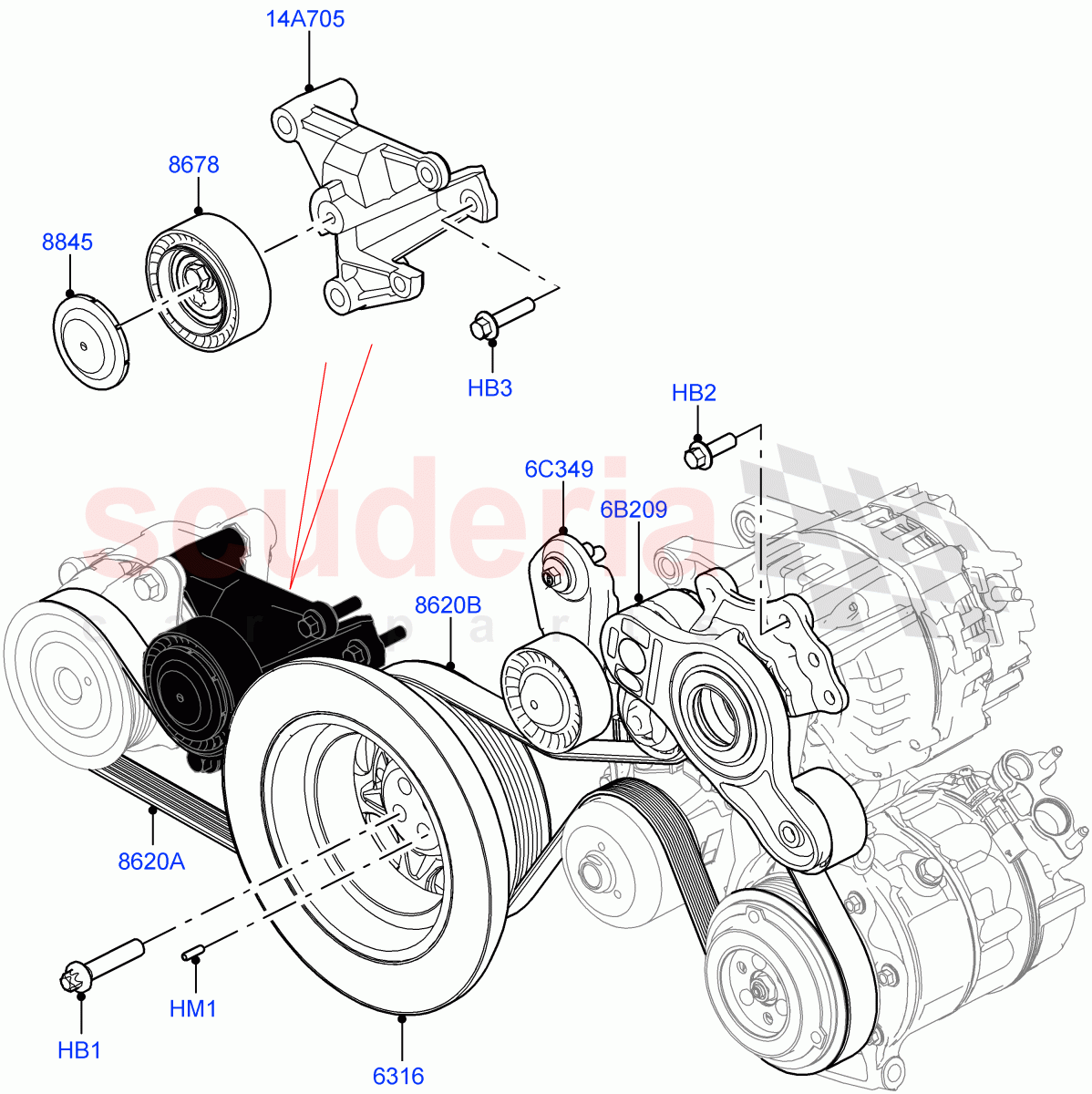 Pulleys And Drive Belts (3.0L AJ20D6 Diesel High, Electronic Air Suspension With ACE) ((V) FROMLA000001) of Land Rover Land Rover Range Rover Sport (2014+) [3.0 I6 Turbo Diesel AJ20D6]