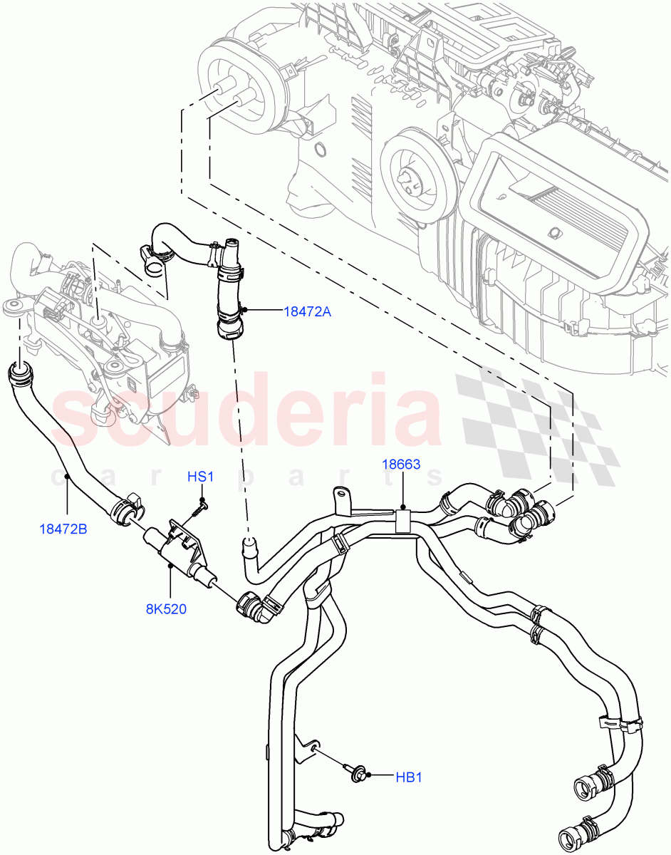 Heater Hoses (Solihull Plant Build) (2.0L I4 DSL MID DOHC AJ200, With Fuel Fired Heater, With Air Conditioning - Front/Rear, Less Park Heating, 2.0L I4 DSL HIGH DOHC AJ200) ((V) FROMHA000001, (V) TOHA999999) of Land Rover Land Rover Discovery 5 (2017+) [2.0 Turbo Petrol AJ200P]