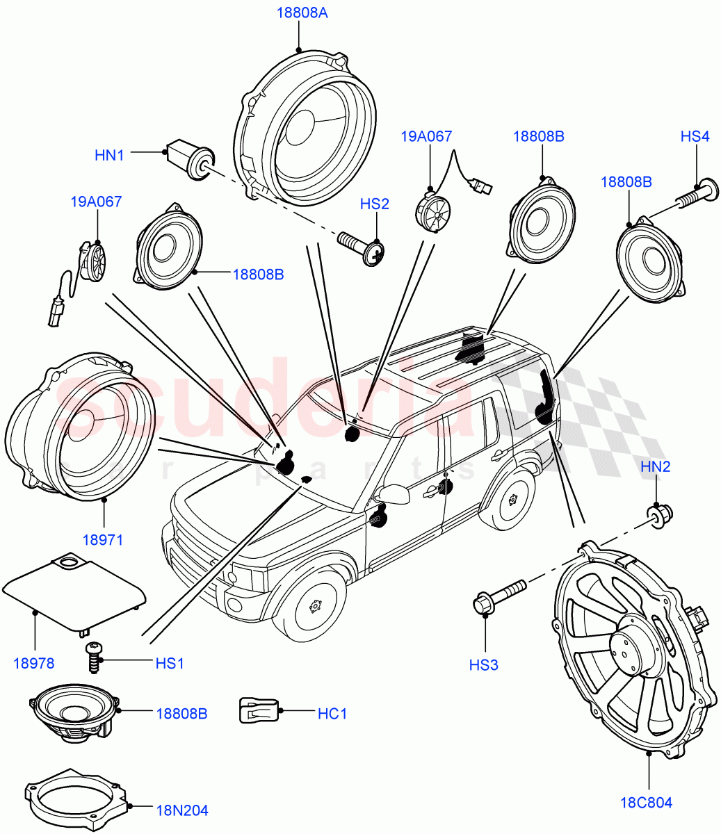 Speakers(With Premium Sound System)((V)FROMAA000001,(V)TOBA999999) of Land Rover Land Rover Discovery 4 (2010-2016) [3.0 DOHC GDI SC V6 Petrol]