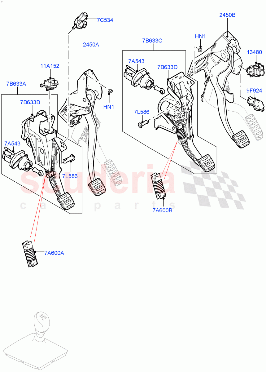 Brake And Clutch Controls(All 6 Speed Manual Volvo M66,Halewood (UK),Unique Met Finish Foot Pedals Pads) of Land Rover Land Rover Range Rover Evoque (2012-2018) [2.0 Turbo Petrol AJ200P]