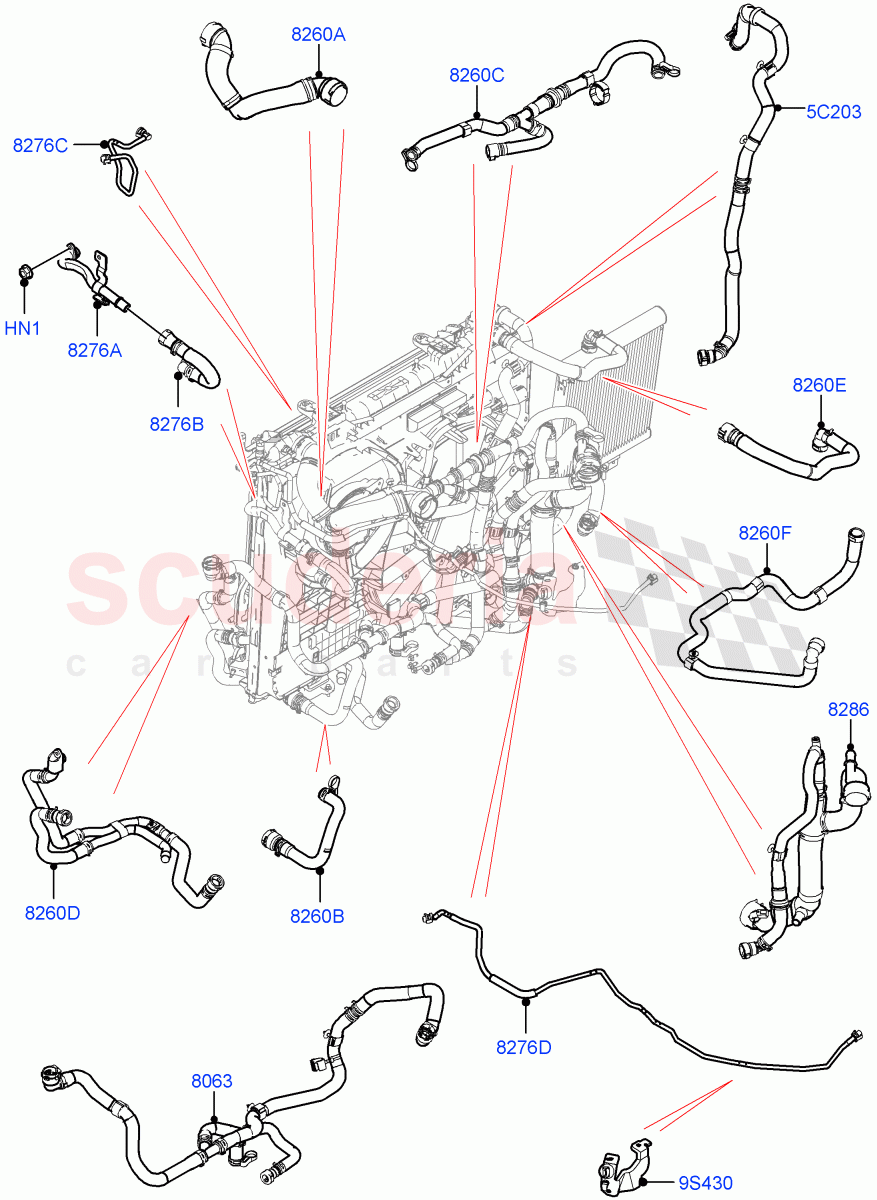 Cooling System Pipes And Hoses (Nitra Plant Build) (2.0L AJ200P Hi PHEV, With Standard Engine Cooling System) ((V) FROMM2000001) of Land Rover Land Rover Defender (2020+) [2.0 Turbo Petrol AJ200P]