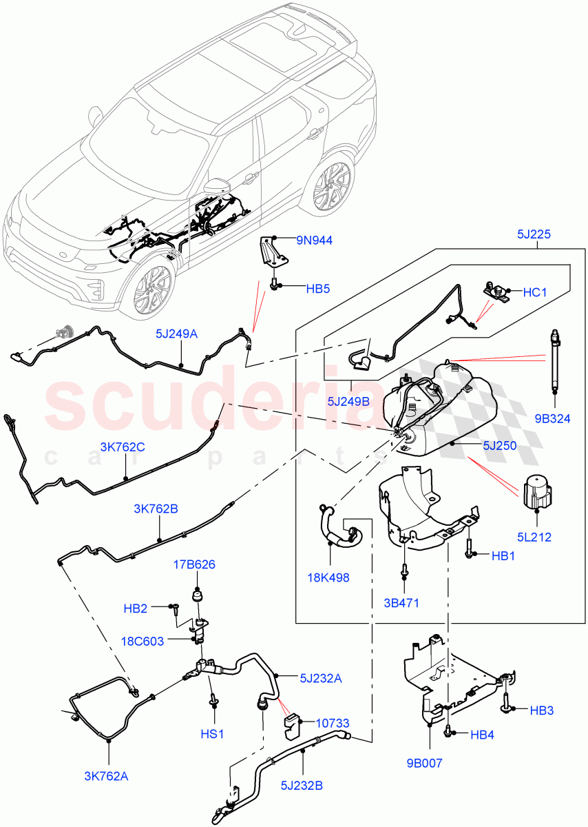Exhaust Fluid Injection System (Solihull Plant Build, Tank and Lines) (2.0L I4 DSL MID DOHC AJ200, With Diesel Exh Fluid Emission Tank, 2.0L I4 DSL HIGH DOHC AJ200) ((V) FROMHA000001) of Land Rover Land Rover Discovery 5 (2017+) [2.0 Turbo Diesel]